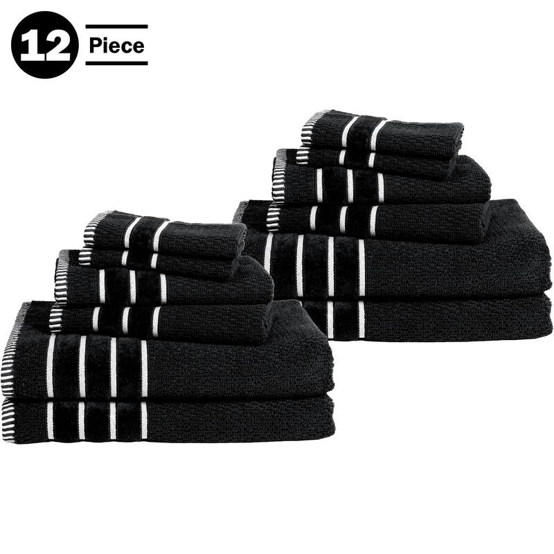 Towel Set - Combed Cotton Rice Weave Bathroom Accessories with Bath Towels, Hand Towels, and Washcloths by Lavish Home (Black) - 12-Piece