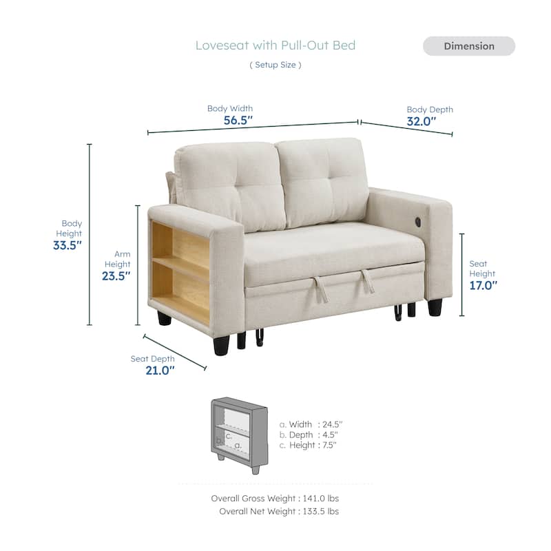 Hazel 56.5" Boucle 2-Seater Loveseat - Pull-out Bed, Shelves, USB Port