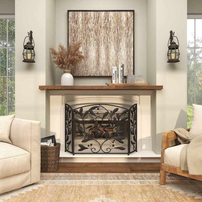 Black Metal Foldable 3 Panel Scroll Fireplace Screen with Leaf and Vine Relief