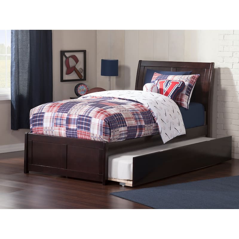 Platform Bed with Trundle - Twin Size, Walnut Finish - Modern Bedroom Furniture Set with Footboard