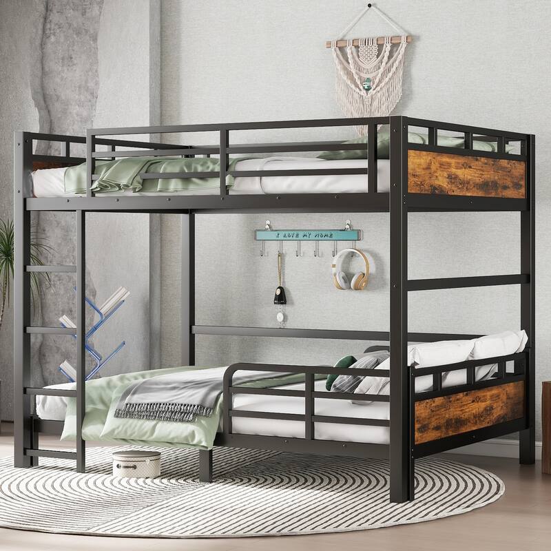 Metal High Loft Bed and Platform Bed, Heavy Duty Metal Bunk Bed Frame, Noise Free, Can be Converted into 2 Beds - Black+Vintage/Full XL - Full
