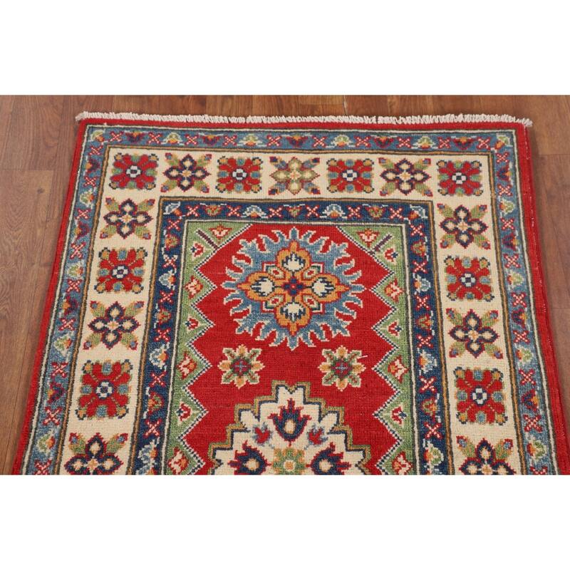 Kazak Foyer Rug Hand-Knotted Red Geometric Wool Carpet - 2'6" x 4'1"