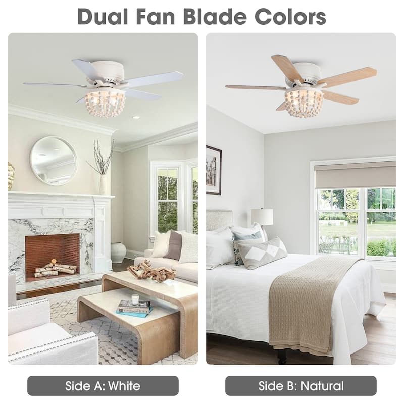 48" White Coastal Bohemian Wooden Bead Flush Mount Ceiling Fan with Light and Remote