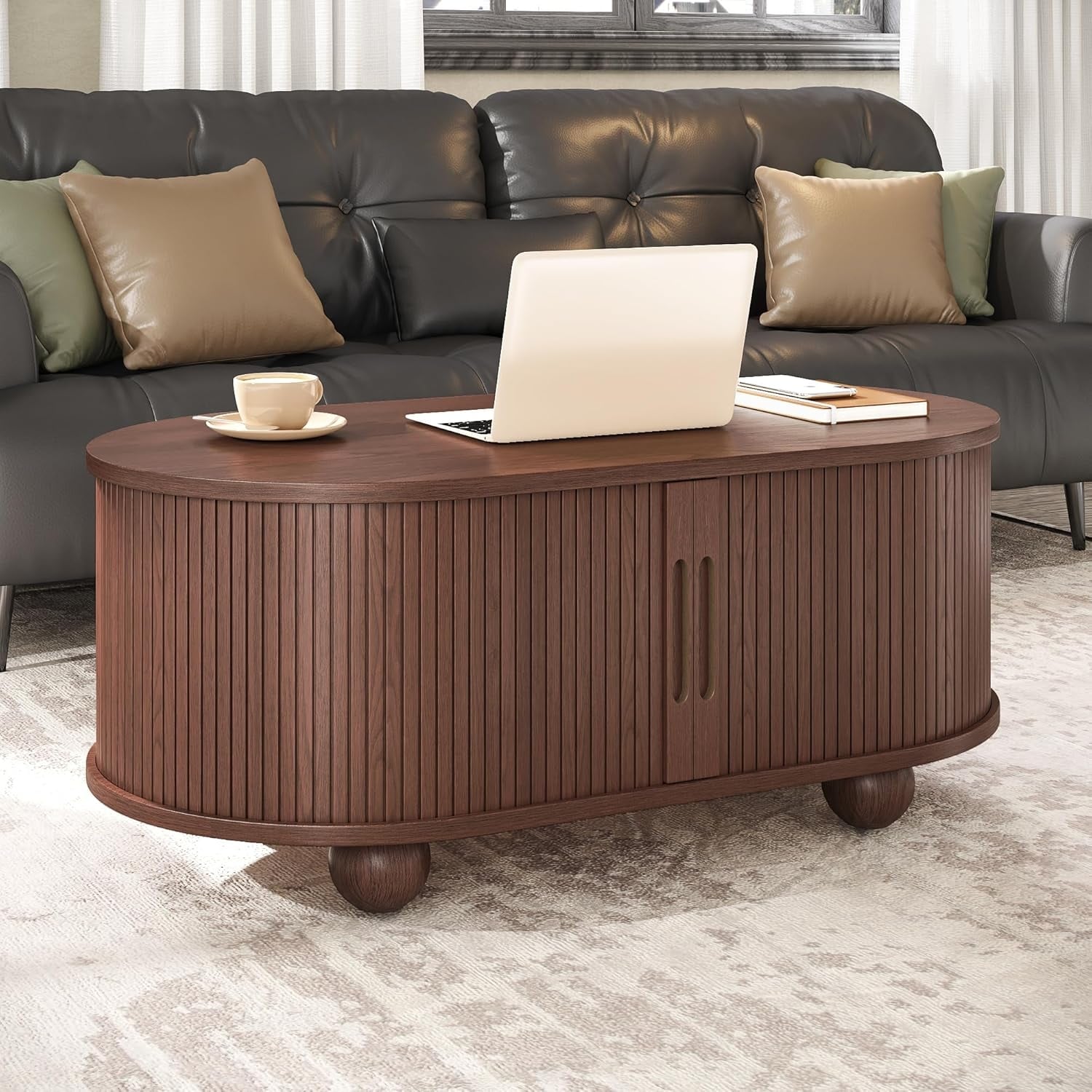 Oval Mid Century Coffee Table with Sliding Doors & Hidden Storage