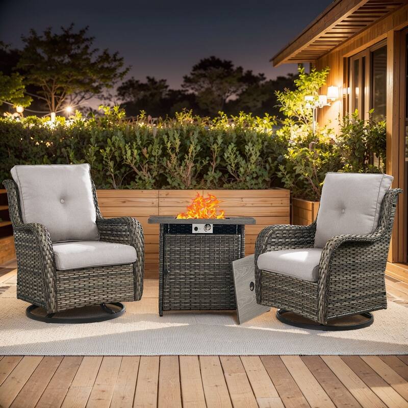 Gymojoy 3-Piece Outdoor Chair Set with Swivel Chairs & 55K BTU Fire Pit Table - Grey Wicker / Beige Cusion - 3-Piece