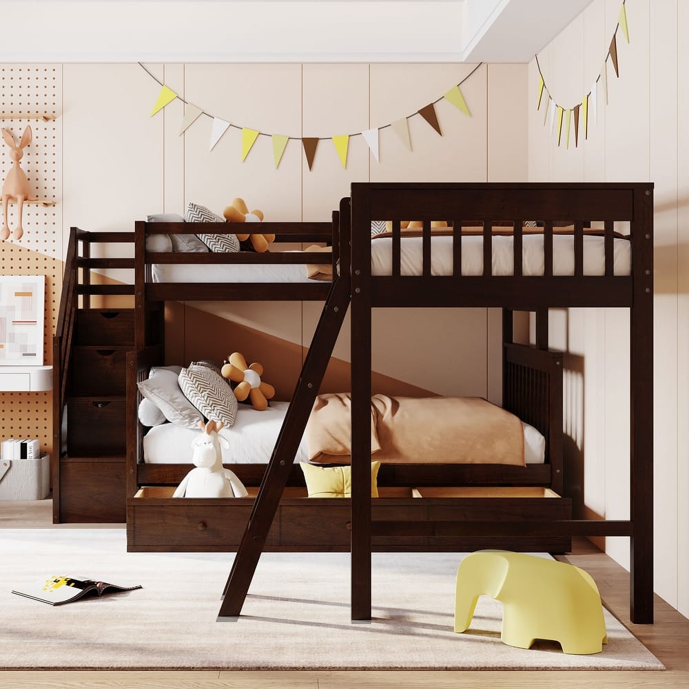 L Shaped Bunk Bed wStorage,Twin over Full Solid Wood Bedframe