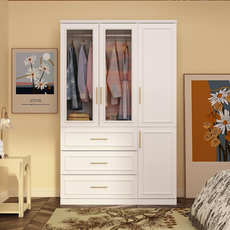 74.8"H Large Modular Wardrobe Cloest Armoire Cabinet Glass Door - 47.6"W/Glass Door