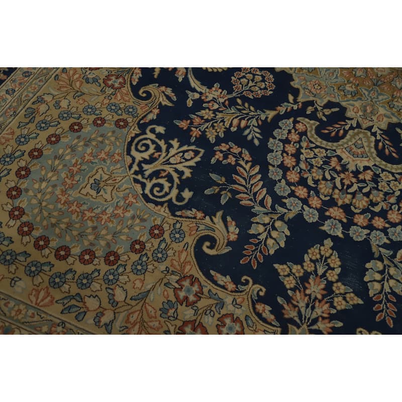Hand Knotted Oriental 100% Wool Carpet Traditional Floral Navy Blue & Blues Kerman Area Rug - 13' 4'' X 10' 0''