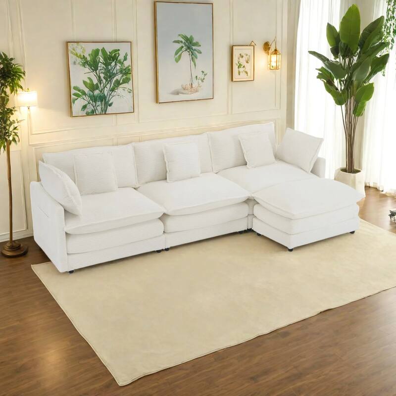 112.6" Corduroy Upholstered L-Shaped Modular Sectional Sofa with Side Storage Pockets - Beige