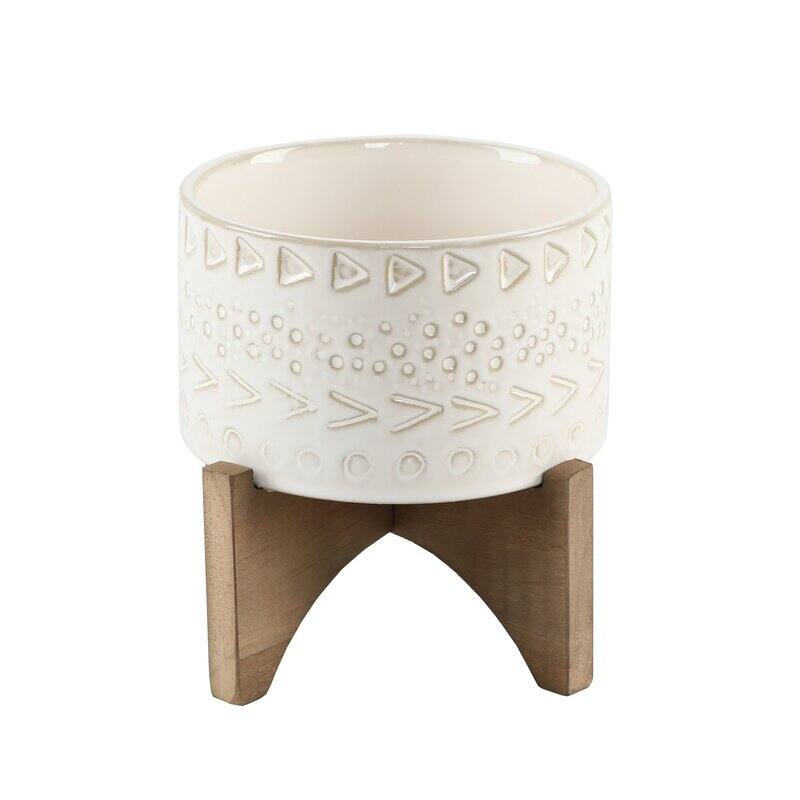 Mid-Century Modern Planter 5" Caveman Ceramic Planter on Wood Stand - Off-White