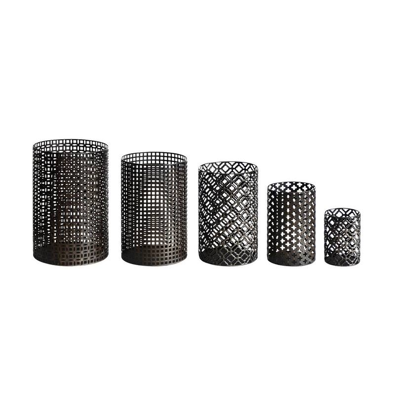 Set of Five Dark Brown Pierced Geometric Metal Tabletop Hurricane Candle Holders