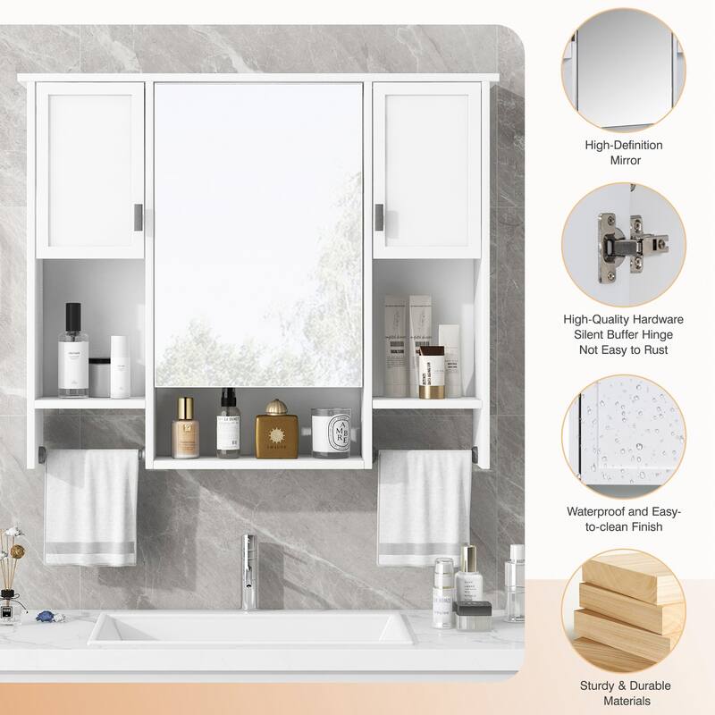 35'' x 28'' Modern Wall Mounted Bathroom Storage Cabinet with Mirror and Towel Bar,Perfect for Organized and Stylish Bathrooms