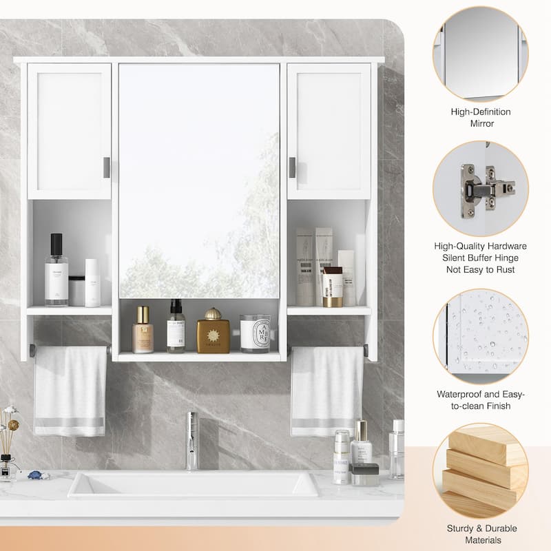 35'' x 28'' Modern Wall Mounted Bathroom Storage Cabinet with Mirror and Towel Bar,Space-Saving and Stylish Design