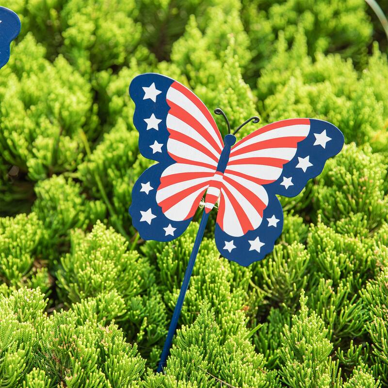 Glitzhome 24"H Set of 3 Patriotic Americana Metal Butterflies Yard Stakes - 24 in