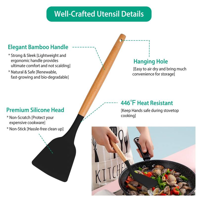11-Piece Silicone Kitchen Utensil Set Heat-Resistant with Wooden Handles Spatulas Ladle - 4.72 × 4.72 × 6.18 in