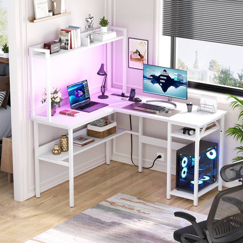 Modern Farmhouse L Shaped Computer Desk with Hutch and Storage Shelves, Corner Gaming Table with LED Lights - White