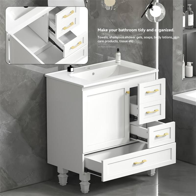 30" Bathroom Vanity with 1 Soft Close Doors and 3 Drawers