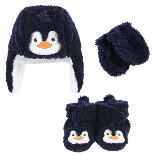 slide 2 of 2, Hudson Baby Infant Boy Trapper Hat, Mitten and Bootie Set, Navy Penguin 0-6 Months - Navy Penguin