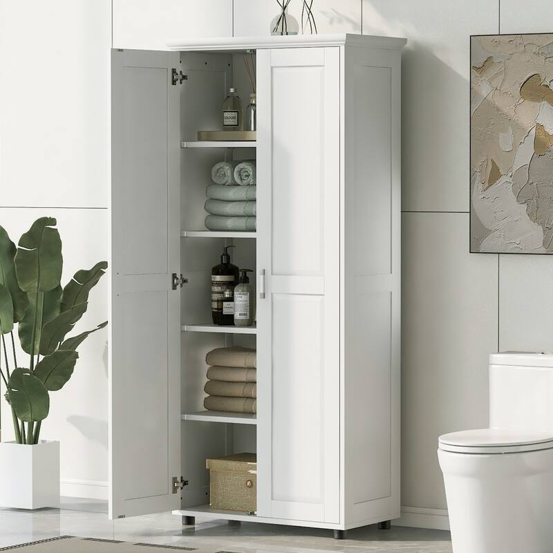 71.3'' Tall White Storage Cabinet with 2 Doors, Adjustable Shelf and MDF Board, for Bathroom, Office