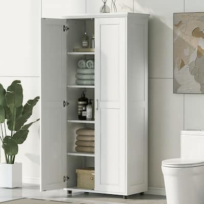 71.3'' Tall White Storage Cabinet with 2 Doors, Adjustable Shelf and MDF Board, for Bathroom, Office