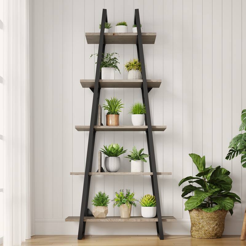 Bookshelf 5 Tier Industrial Wood, Tall Open Rustic Etagere Bookcase Ladder