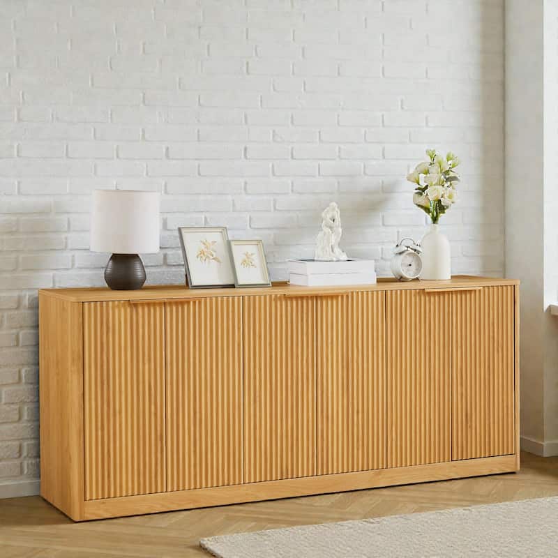 67 Inch Modern Wavy Sideboard Cabinet, 6 Door Curved Storage Console with Wood Grain Top for Living Room - Natural