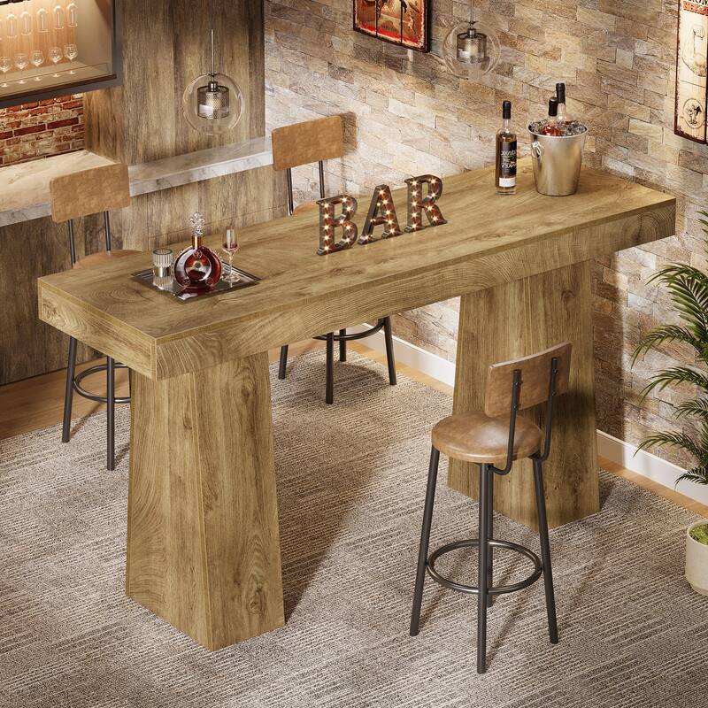 63-Inch Bar Table, Wood Counter Height Pub Table, Rectangular Home Bar for Kitchen, Dining/Living Room