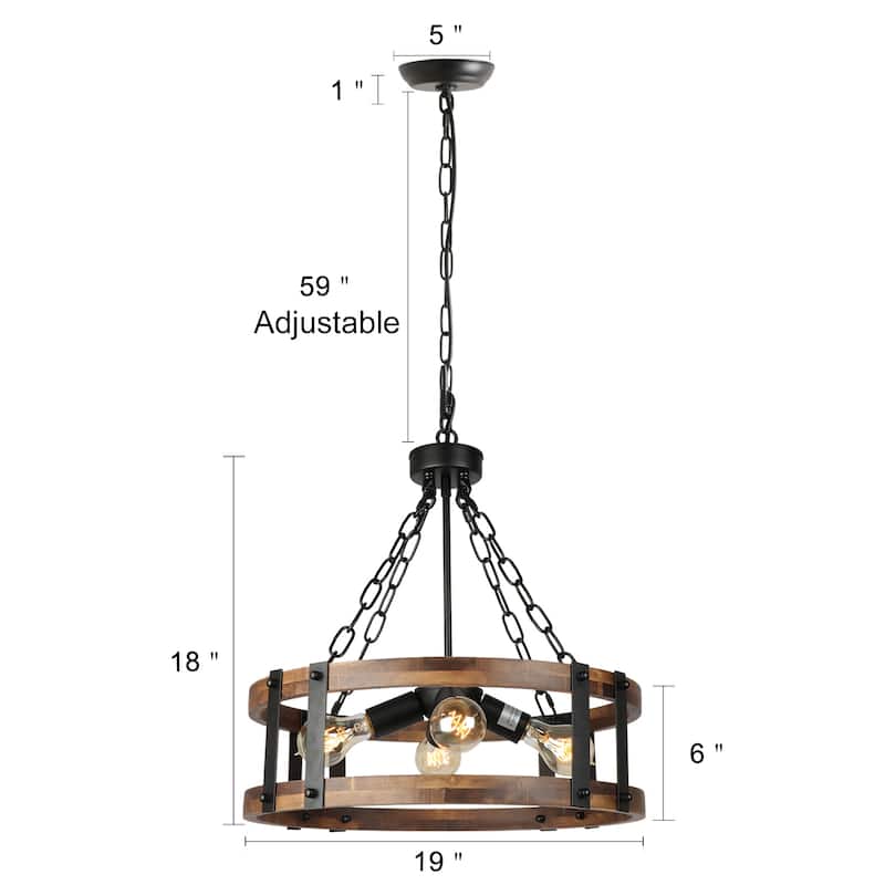 Anmytek Farmhouse Rustic Wood Chandelier 4-Light Drum Chandelier for Dining Room Pendant Hanging Light Fixture