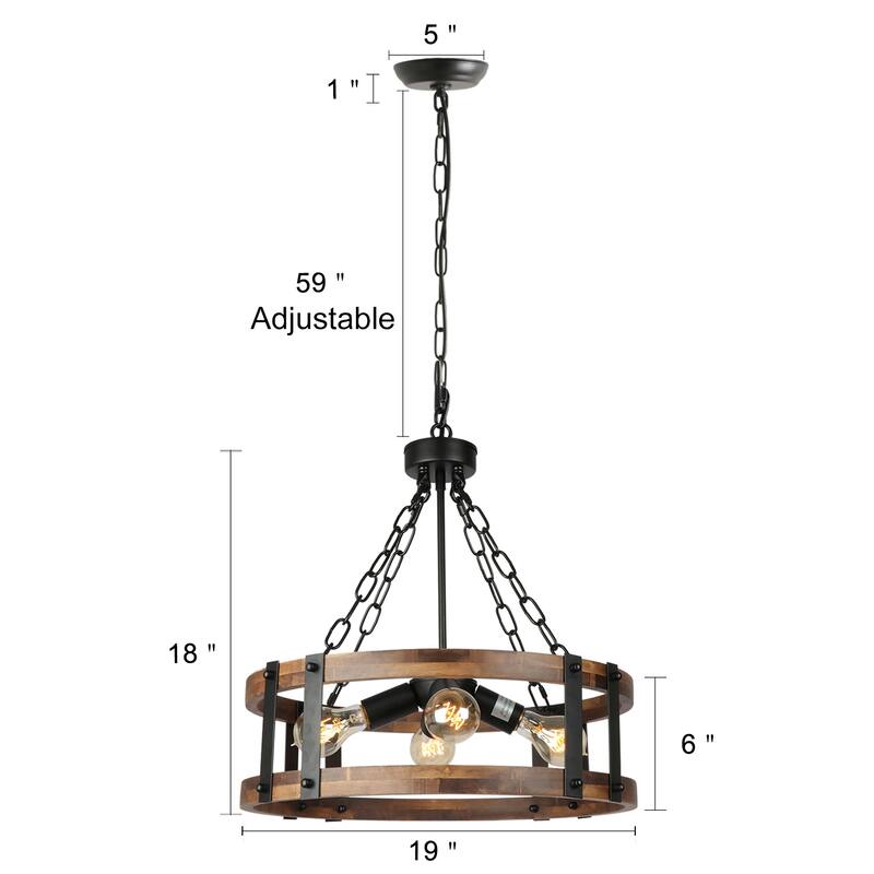 Farmhouse 4-Light Wood Drum Chandeliers Rustic Cage Pendant Light for Kitchen Island - 19" D x 18" H