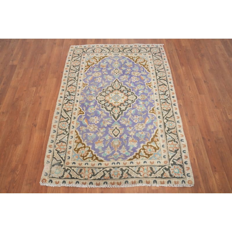 Hand Knotted Oriental 100% Wool Carpet Traditional Floral Purples Tabriz Area Rug - 4' 7'' X 3' 3''