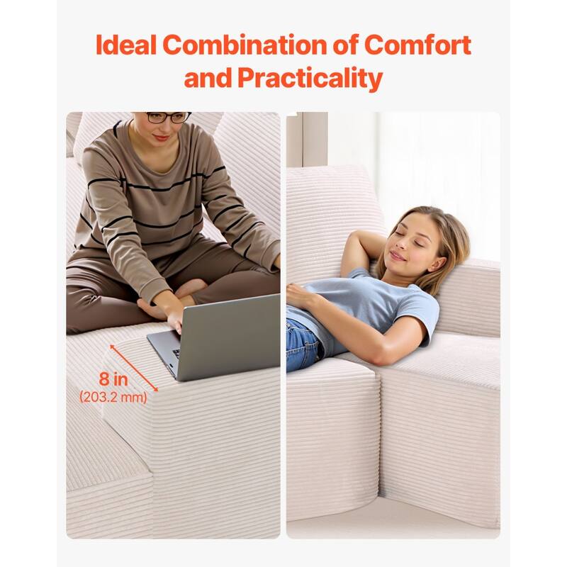 Beige Corduroy Fabric Modular Sofa with Wide Armrests, Deep Seats and U-Shape Design - 100.7” L x 49.6” W x 22.4” H
