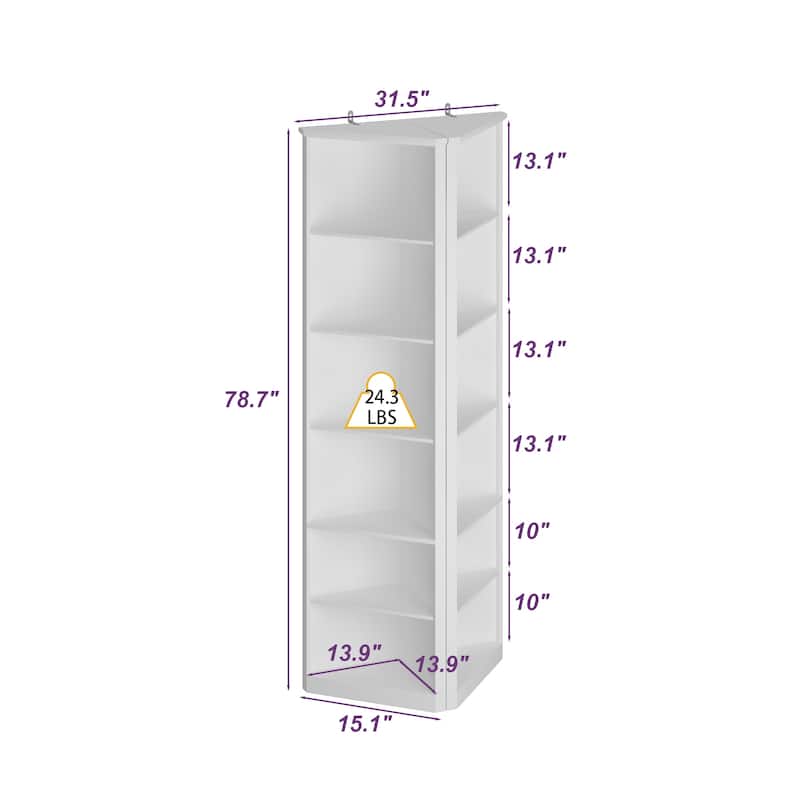 Bookshelf Display Cabinet with 6-Tier Shelves Tall White Corner Bookcase Storage Shelf Unit