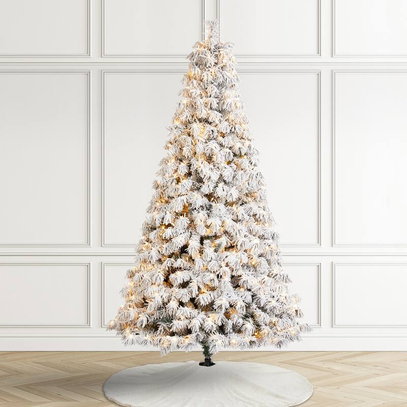 Glitzhome 7.5ft/9ft Pre-Lit Flocked Full Spruce Artificial Christmas Tree with C3 Lights Foot Switch