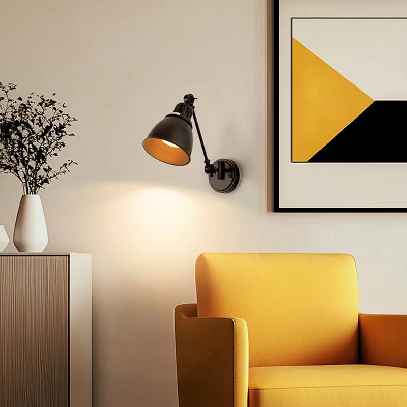 Black & Gold Wall Sconces Set of 2 with Swing Arm, Cone Shade, E26 Rechargeable Light, Remote Control - 6.1*6.1*8.66