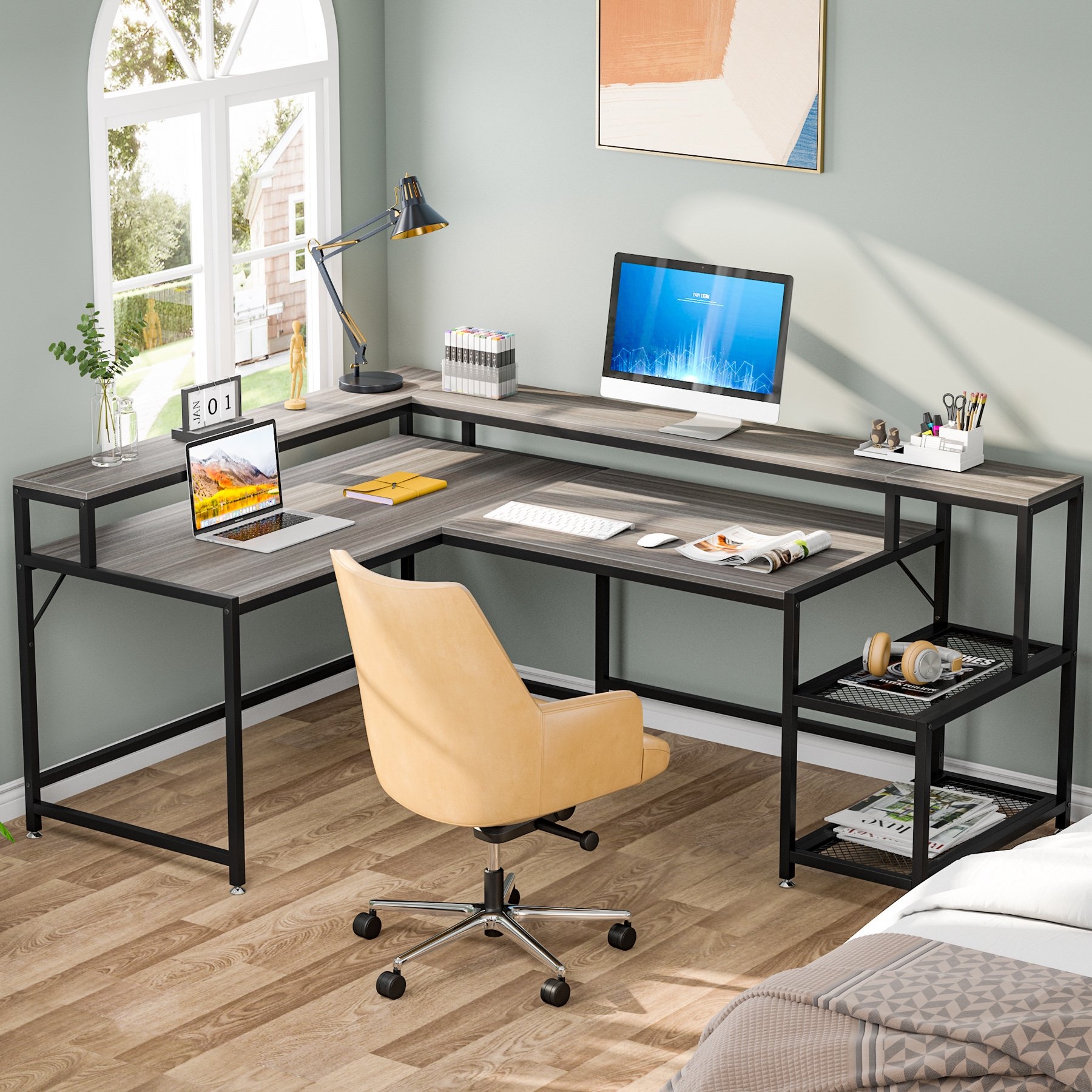 L Shaped Desk with Monitor Shelf Reversible Corner Computer Desk for Office Home 69
