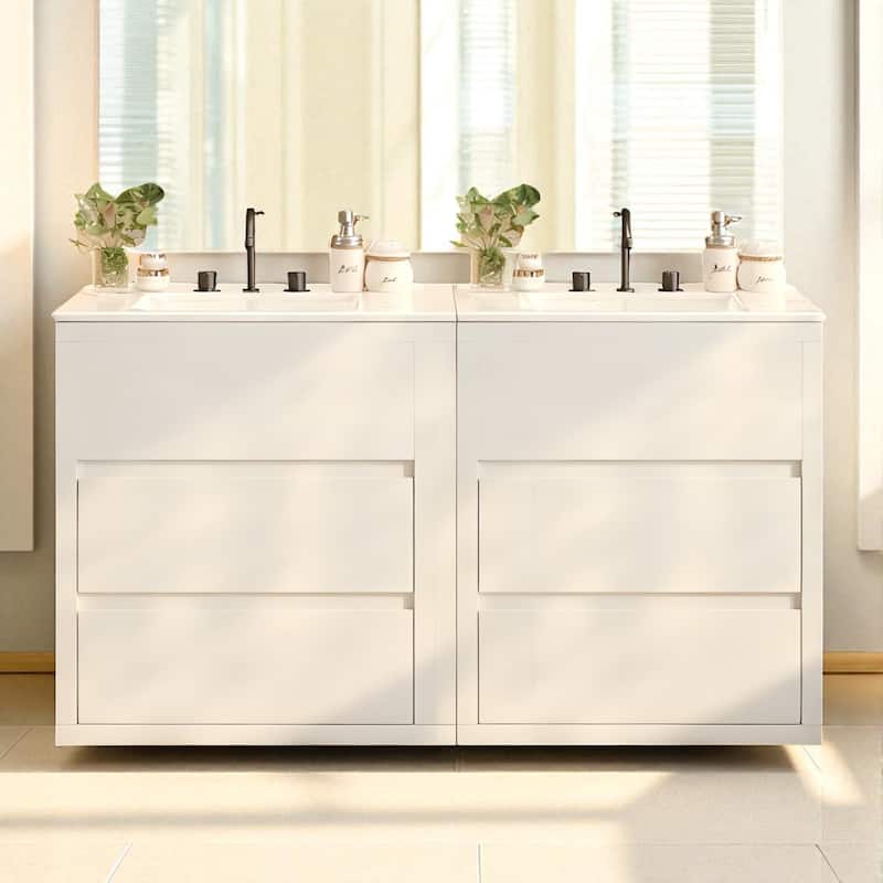 60" Double Sink Bathroom Vanity Set with Two 30" Cabinets, Ceramic Sinks, Soft Close Drawers - White