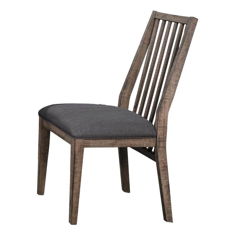 25 Inch Rustic Wood Dining Chair, Slatted Back, Grey Fabric Seat, Set of 2 - 38 H x 24.5 W x 20.5 L Inches - Brown