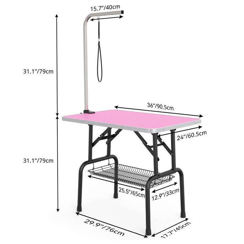 36" Foldable Dog Grooming Table with Adjustable Arm, Non-Slip Desktop, Storage Tray& Noose, Pink - Pink