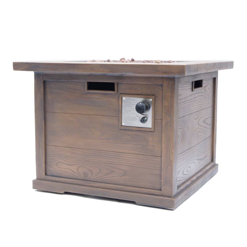 Roomfitters Outdoor Gas Fire Pit Table with Wood-Look Design, Square Propane Fire Pit with Lava Rocks, Brown