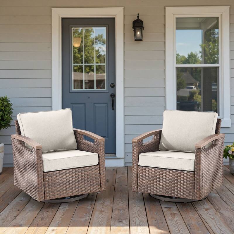 Pocassy Outdoor Brown Wicker Funitre with Cushion Set - Beige Cushion - Swivel Chairs Set of 2
