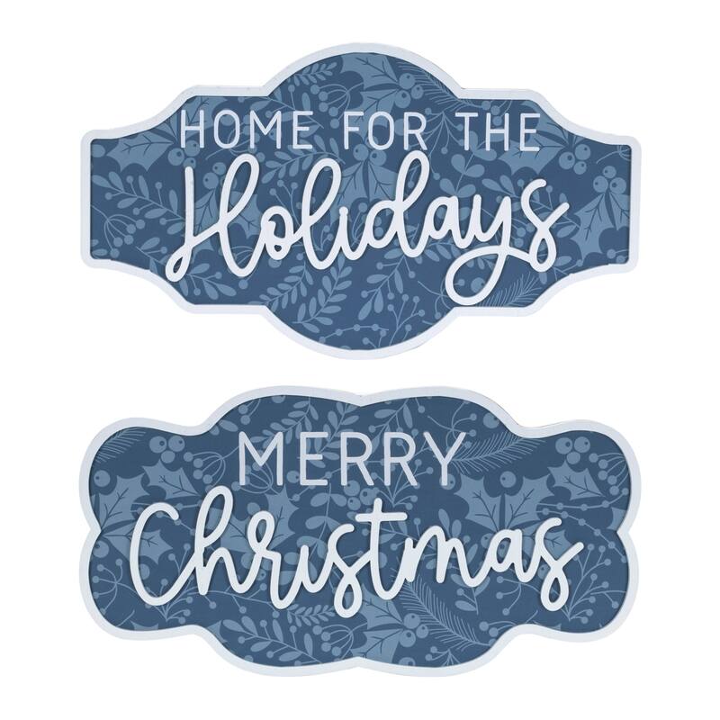 HomeRoots Set of Two Blue And White Christmas Home For The Holidays Wood Wall Decor