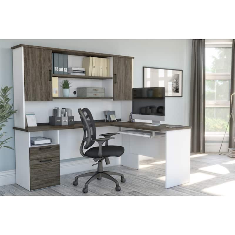 Bestar Norma 71W L-Shaped Desk with Storage Hutch and Drawers - Walnut Grey