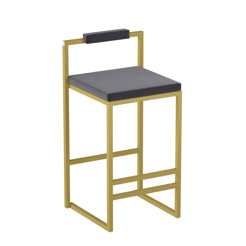 Set of 2 Bar Stools with Backrest & Footrest Counter Height Velvet Upholstered Dining Chairs for Kitchen Island (Gold & Gray)