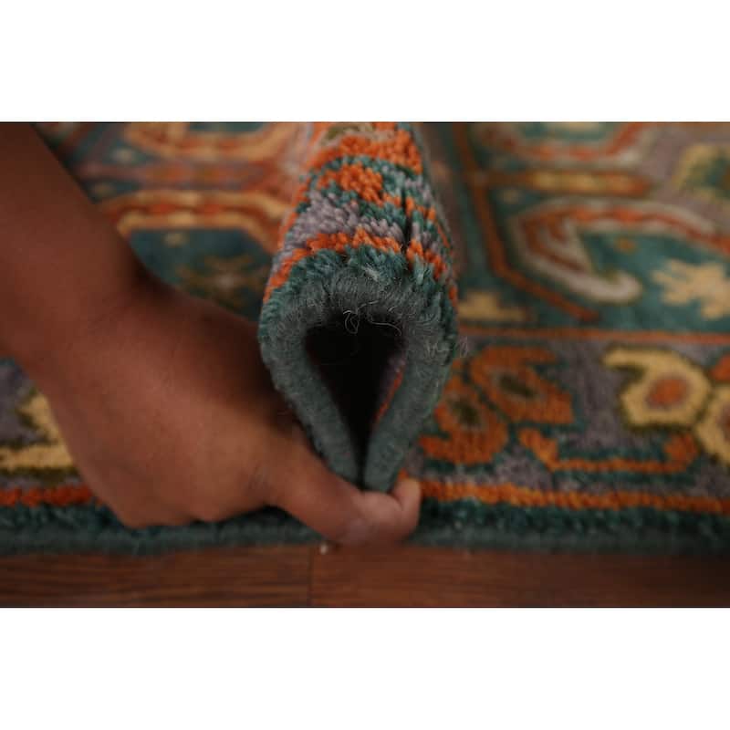 Green Geometric Kazak Indian Runner Rug Hand-Knotted Wool Carpet - 2'5"x 9'9"