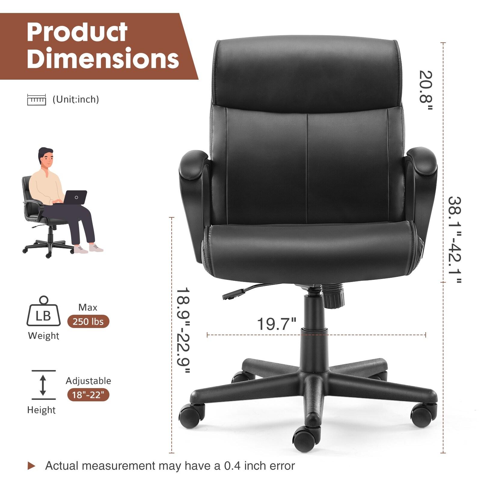 Black Back Office Desk Chair with Padded Armrests PU Leather Home