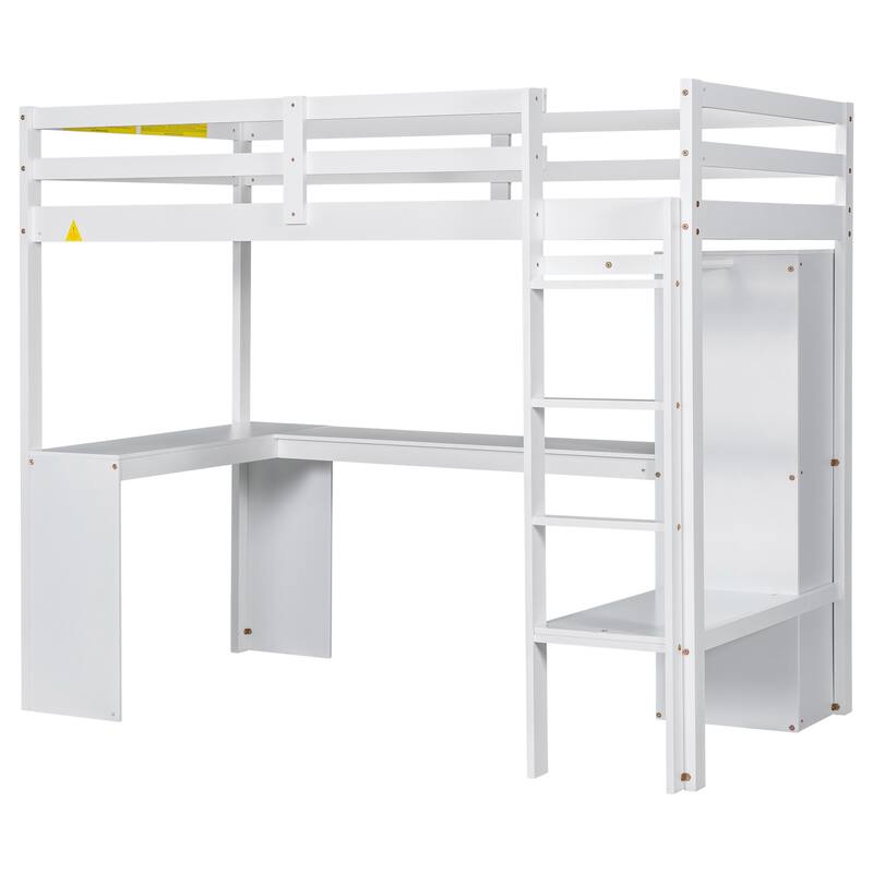 Twin Size Loft Bed with L-Shaped Desk, Wardrobe, Storage Shelves & Full-Length Guardrails, No Box Spring Needed
