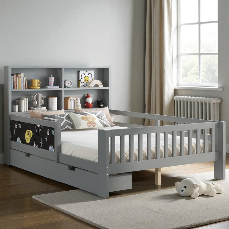 Twin/Full Solid Wood Platform Bed with Chalkboard Headboard, Storage Drawers and Shelves, Space-Saving Kids Bed - Grey - Full