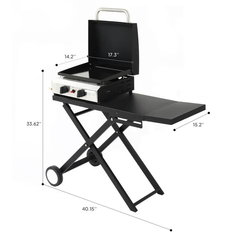2 Burner Foldable Propane Griddle Rolling Flat Top Gas Grill with Wheels and Lid for Outdoor Cooking - N/A