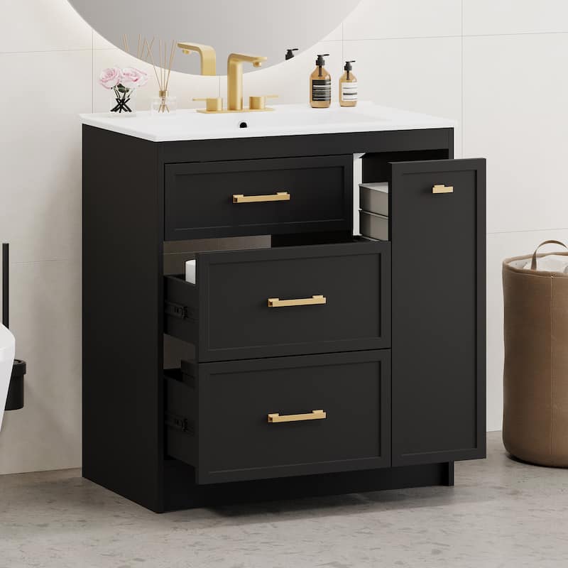 Classic Floor Storage Cabinet Freestanding Vanity for Bathroom with Side Double Layer Drawer, 2 Drawers and Gold Handles
