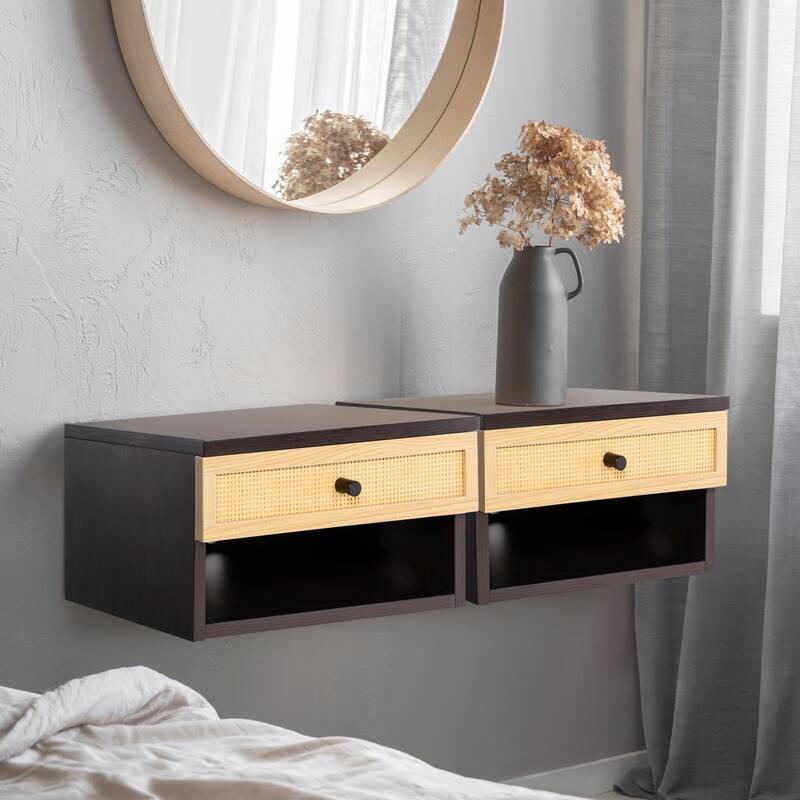Elise 15.71" Mid-Century Modern Floating Wall Mounted Nightstand with Soft-Close Rattan Drawer and Cable Hole, by JONATHAN Y